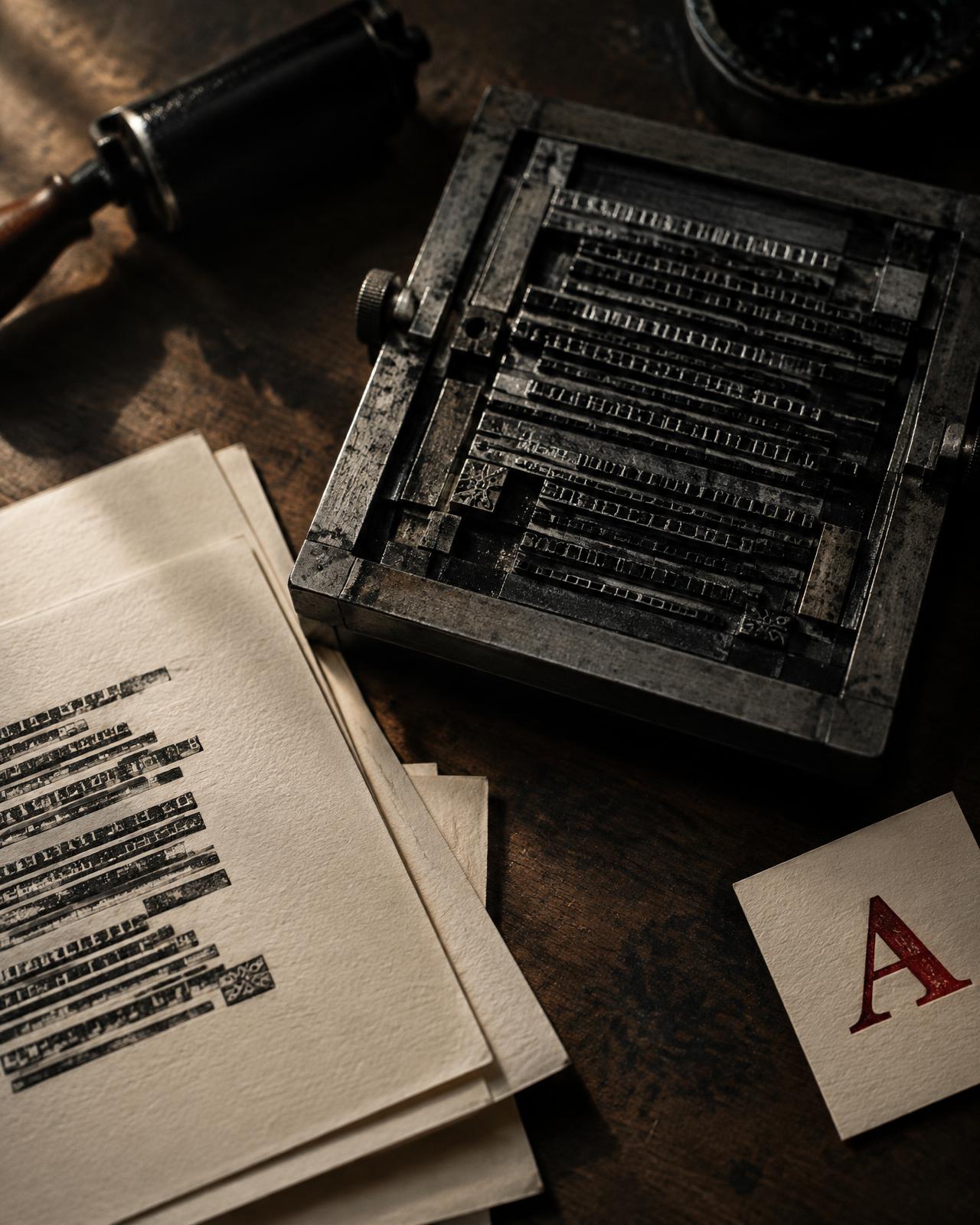 Lines of metal type locked into a letterpress chase, freshly inked, with a single card printed in red at the edge